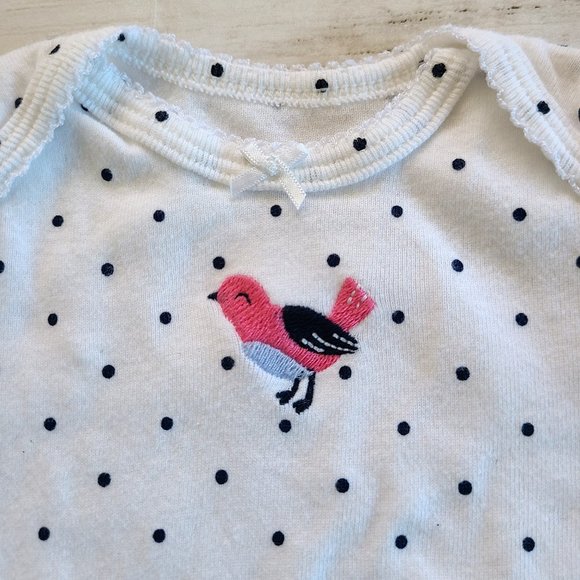 ♡ 5/$20- Carter's Girl's White Polka Dot Pink Bird Short Sleeve Bodysuit Newborn - Picture 4 of 6